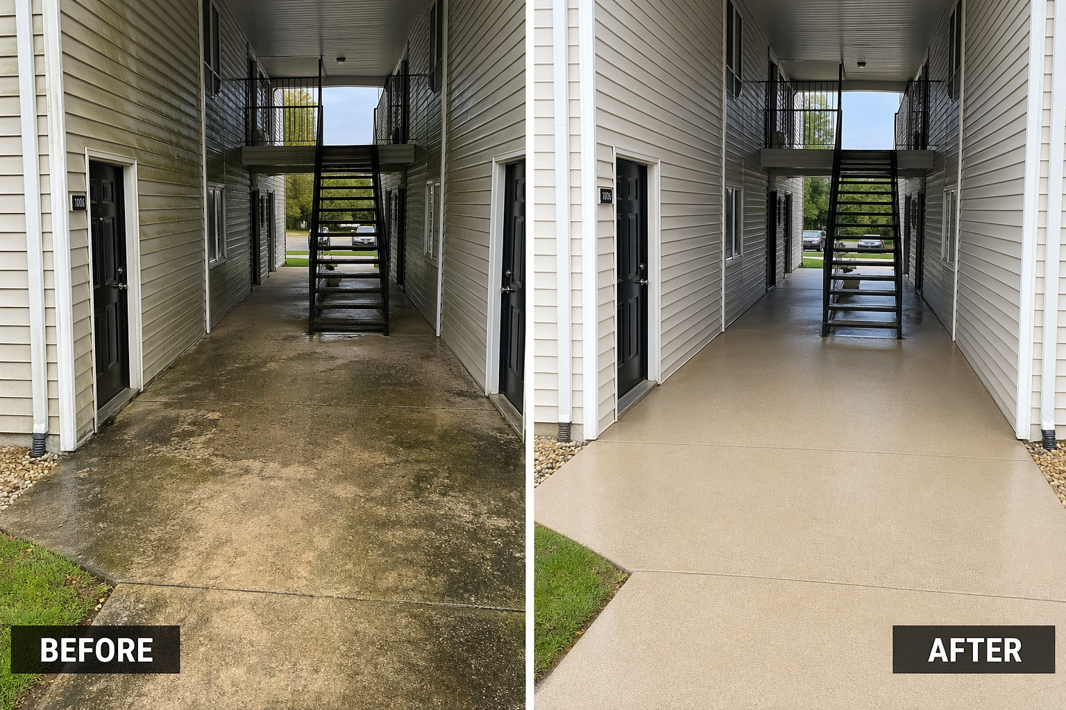 Apartment complex breezeway pressure washing before and after Clarksville TN